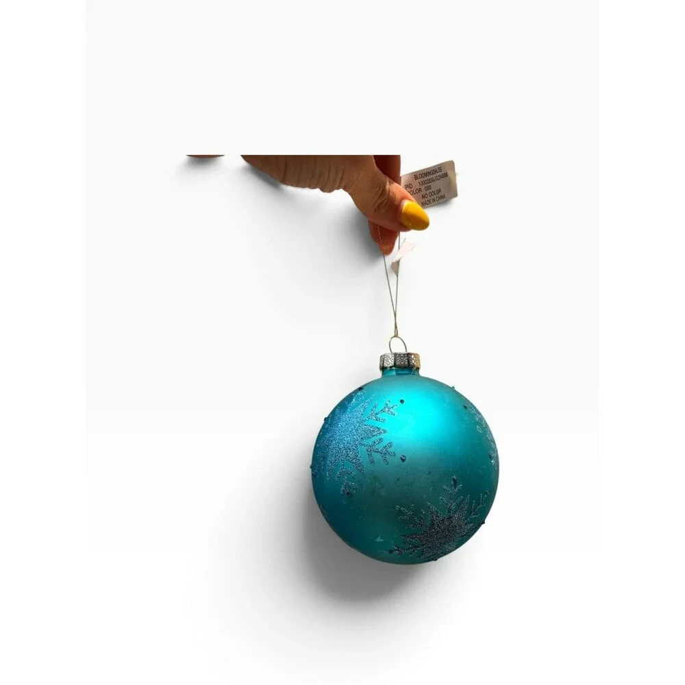 New $35 Turquoise Bauble glass Christmas ornament ball with glitter snowflake
